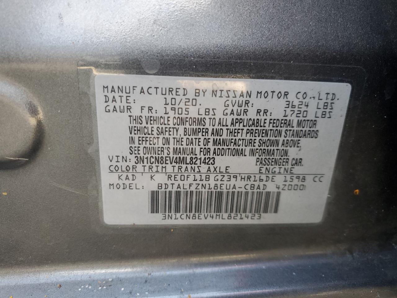 3N1CN8EV4ML821423 2021 Nissan Versa Sv