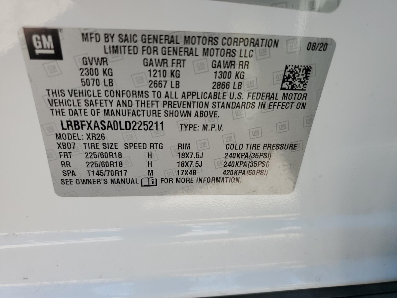 LRBFXASA0LD225211 2020 Buick Envision