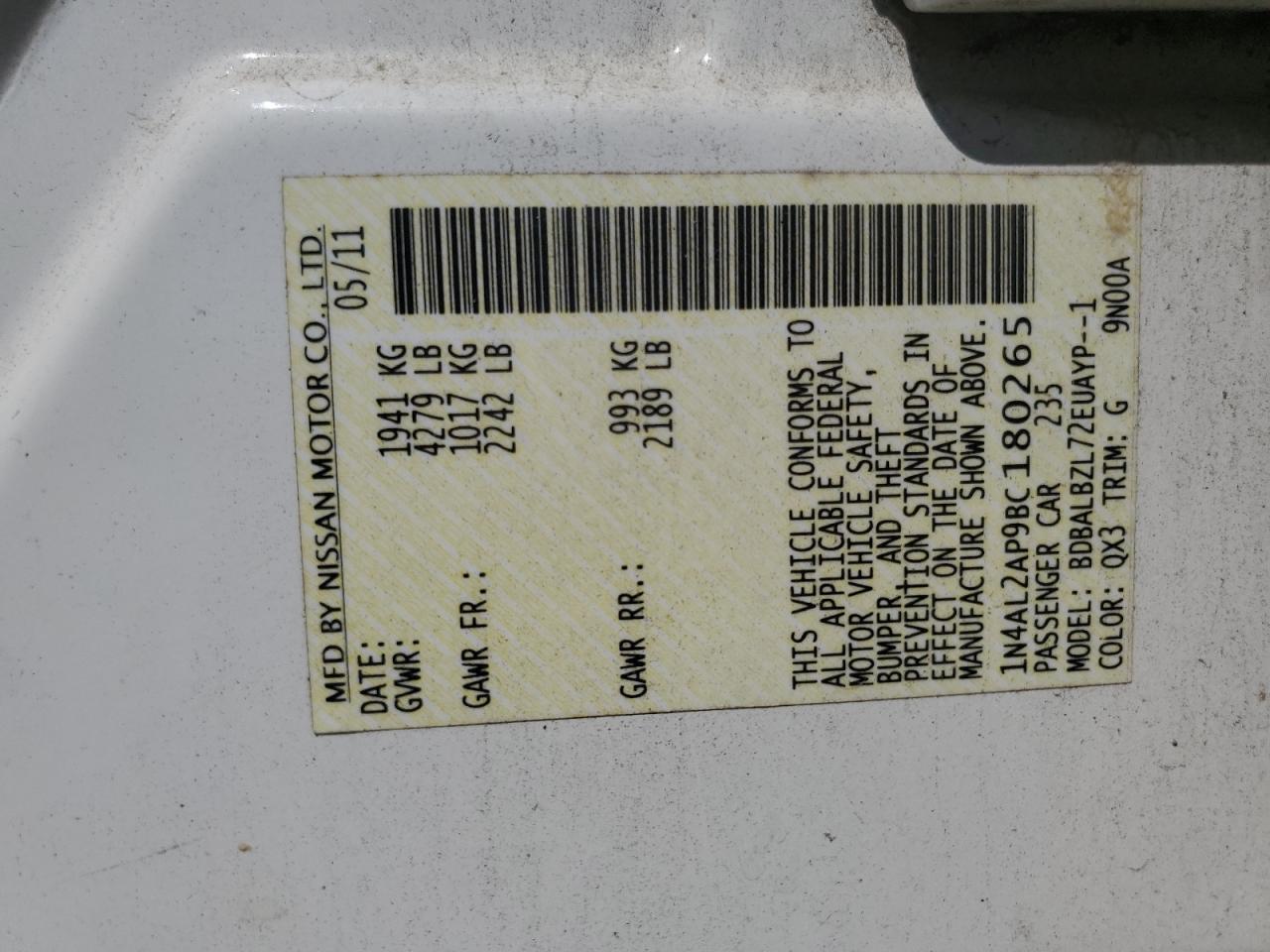 1N4AL2AP9BC180265 2011 Nissan Altima Base