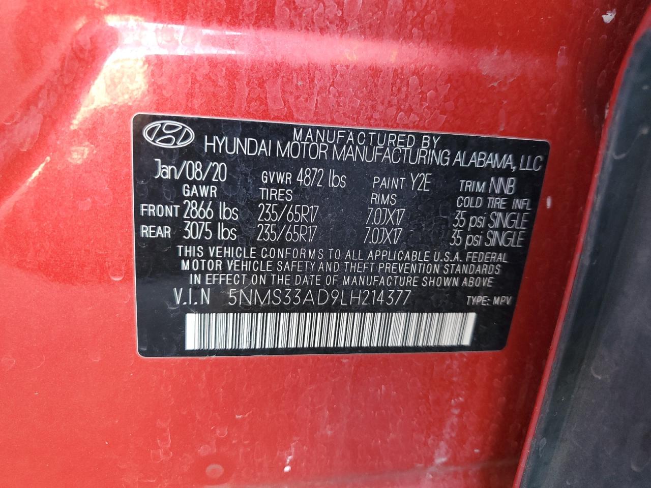 5NMS33AD9LH214377 2020 Hyundai Santa Fe Sel