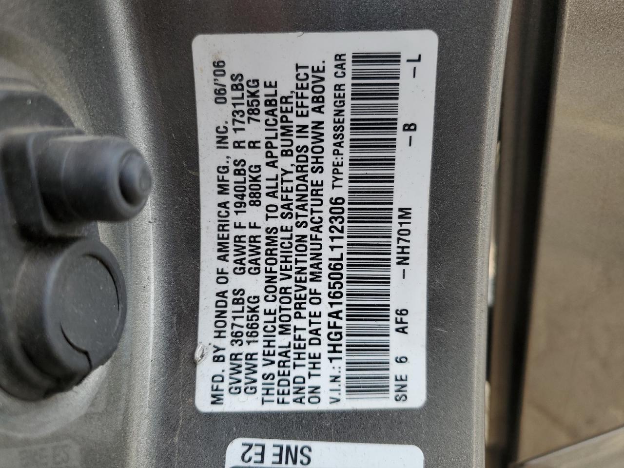 1HGFA16506L112306 2006 Honda Civic Lx