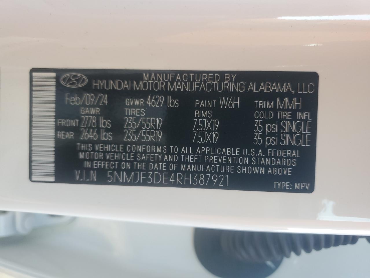 5NMJF3DE4RH387921 2024 Hyundai Tucson Sel