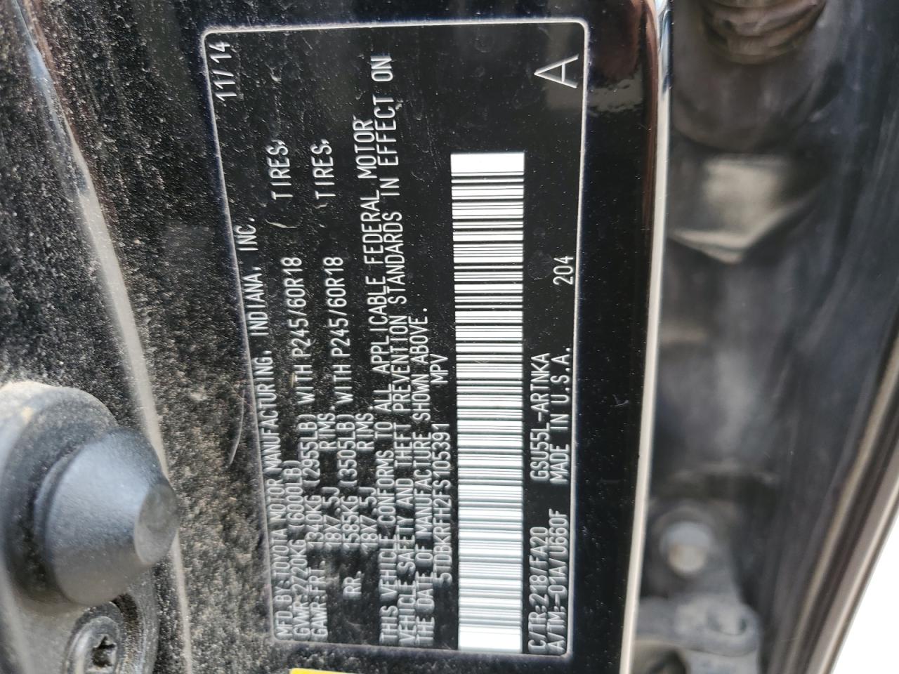 VIN 5TDBKRFH2FS105391 2015 TOYOTA HIGHLANDER no.14