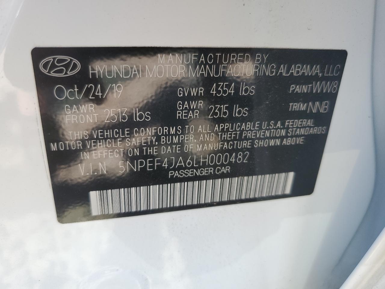 2020 Hyundai Sonata Sel VIN: 5NPEF4JA6LH000482 Lot: 69870194