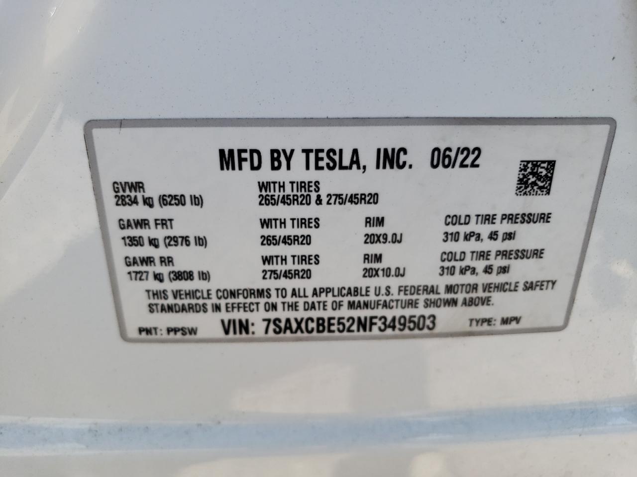 7SAXCBE52NF349503 2022 Tesla Model X