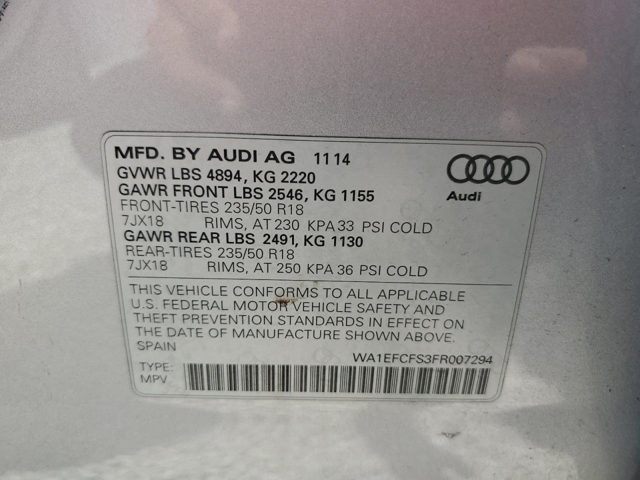 2015 Audi Q3 Premium Plus VIN: WA1EFCFS3FR007294 Lot: 70969934