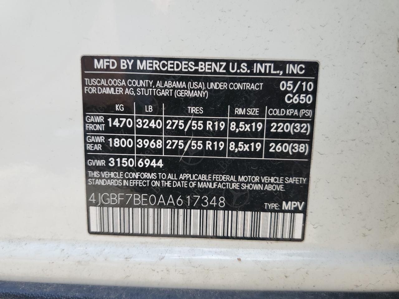 4JGBF7BE0AA617348 2010 Mercedes-Benz Gl 450 4Matic