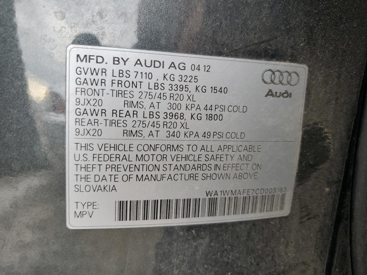 WA1WMAFE7CD009163 2012 Audi Q7 Prestige