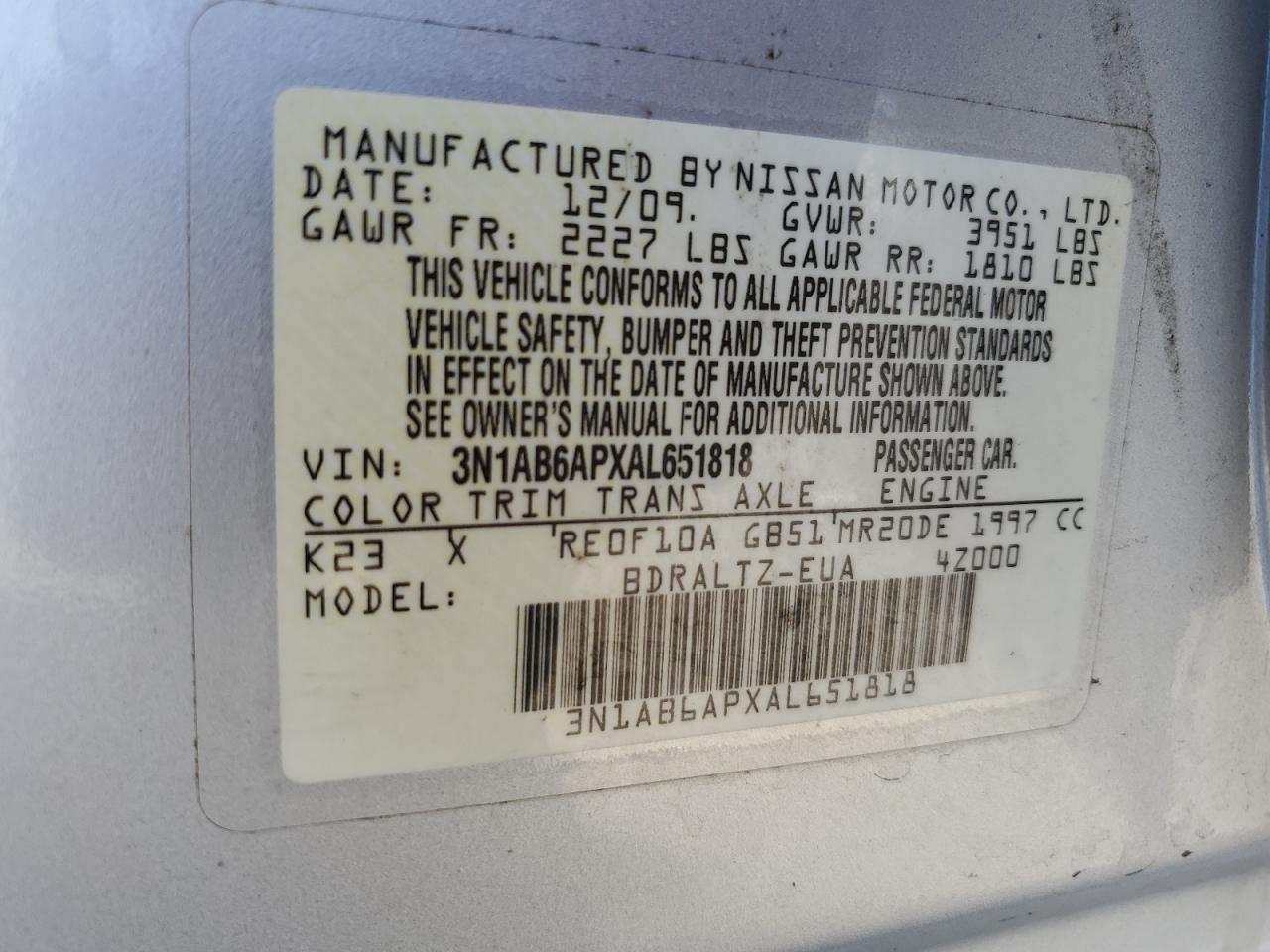 3N1AB6APXAL651818 2010 Nissan Sentra 2.0