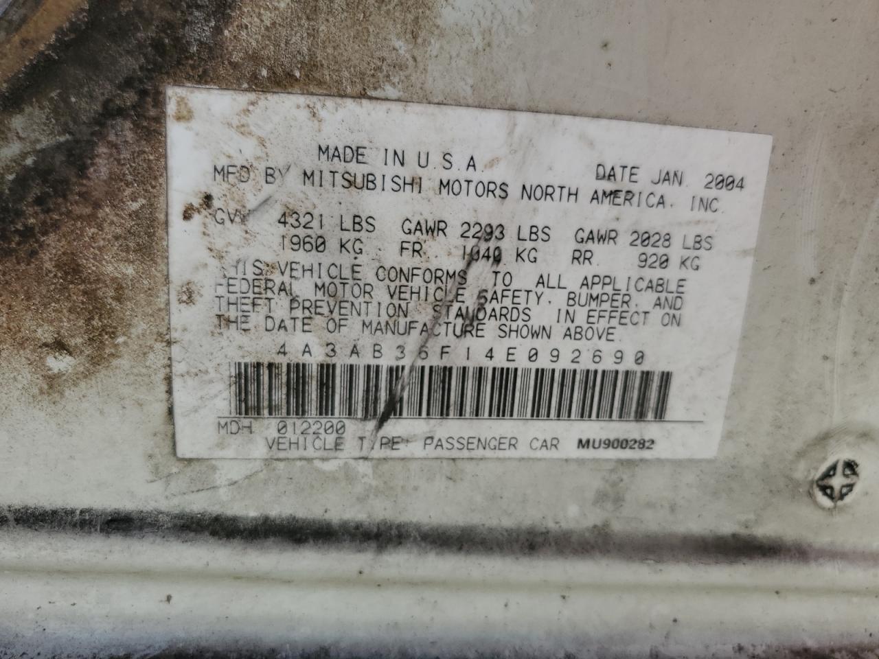 2004 Mitsubishi Galant Es Medium VIN: 4A3AB36F14E092690 Lot: 70277174