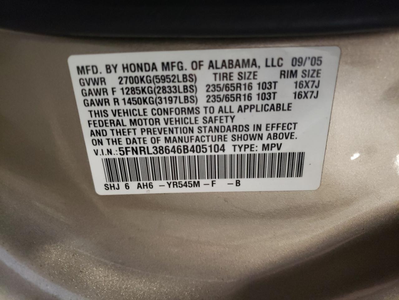 5FNRL38646B405104 2006 Honda Odyssey Exl