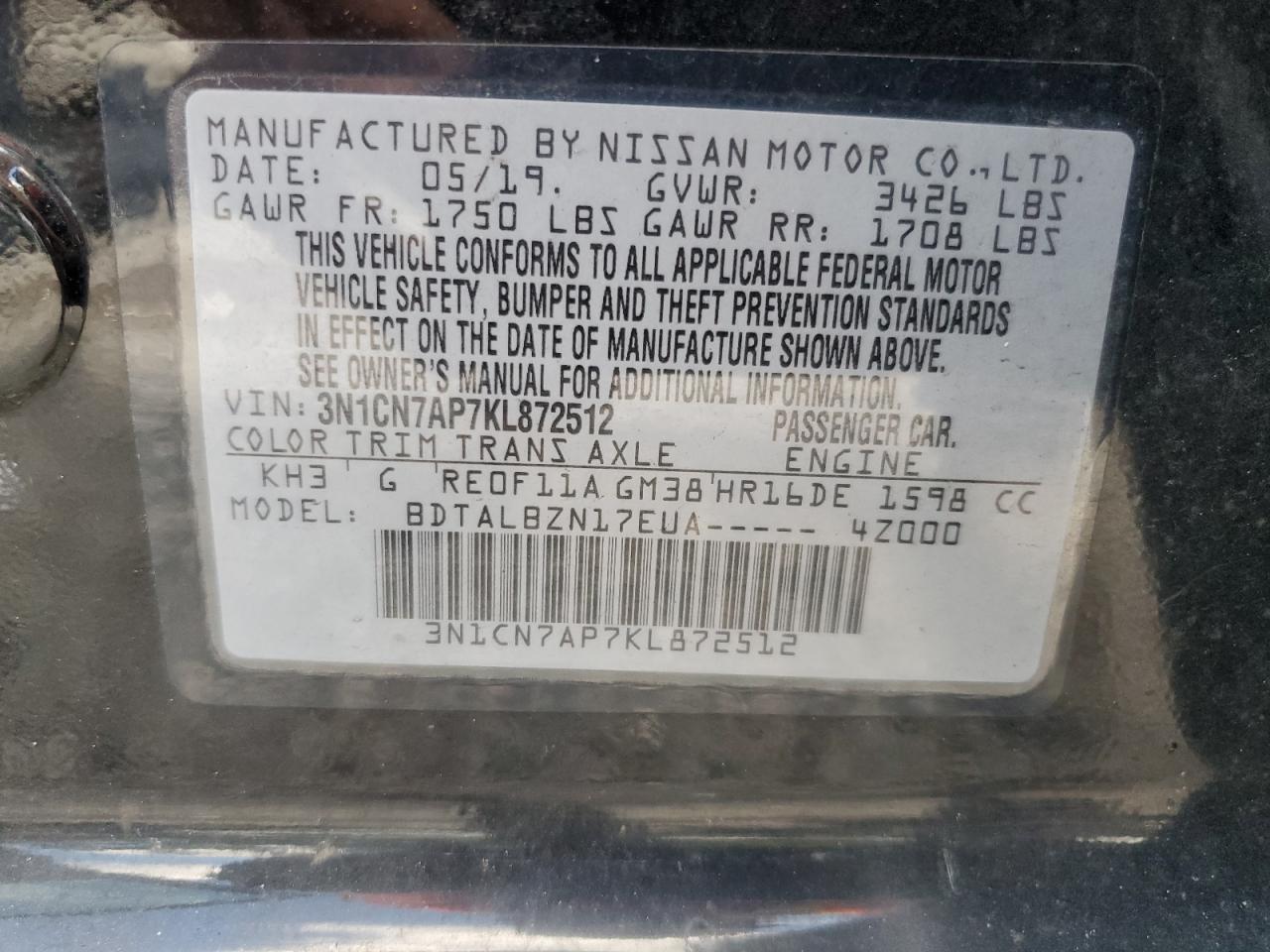 3N1CN7AP7KL872512 2019 Nissan Versa S