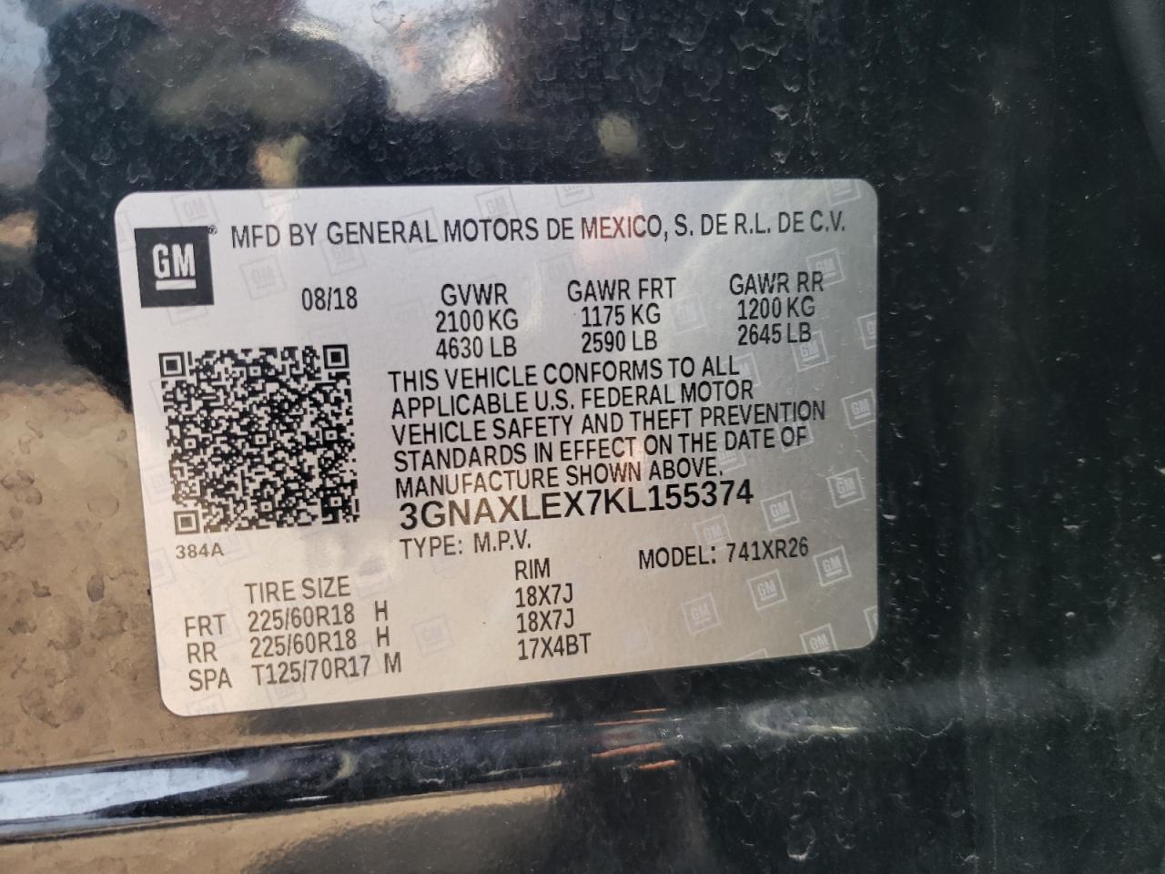 3GNAXLEX7KL155374 2019 Chevrolet Equinox Lt