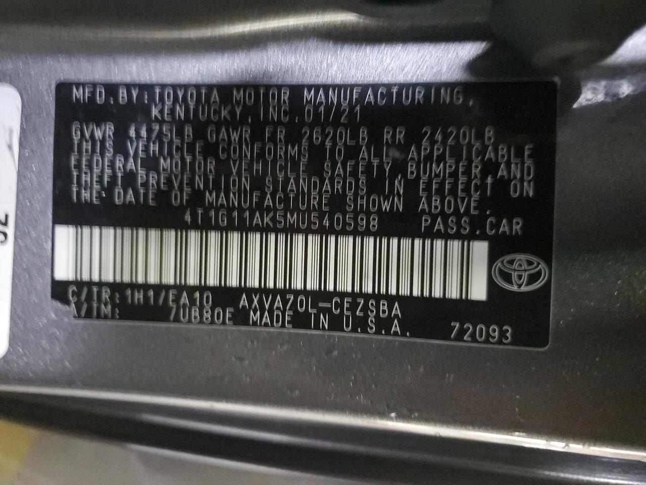 4T1G11AK5MU540598 2021 Toyota Camry Se