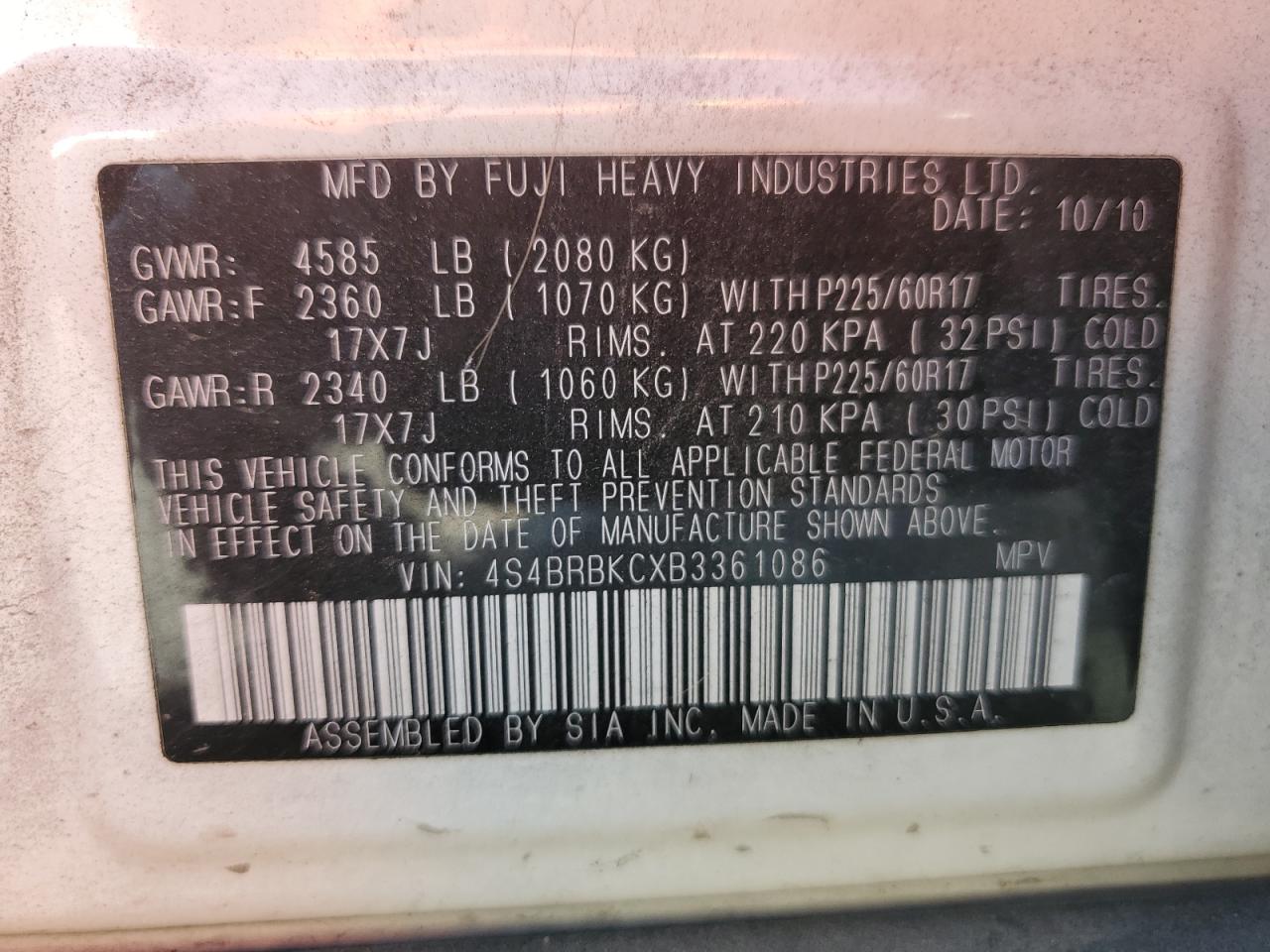 2011 Subaru Outback 2.5I Limited VIN: 4S4BRBKCXB3361086 Lot: 73646244