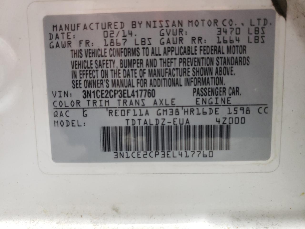 3N1CE2CP3EL417760 2014 Nissan Versa Note S