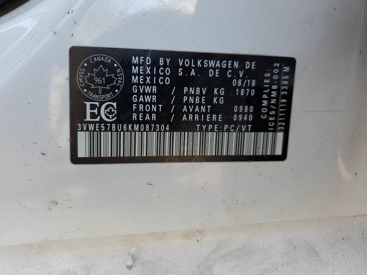 2019 Volkswagen Jetta Sel VIN: 3VWE57BU6KM087304 Lot: 70477264