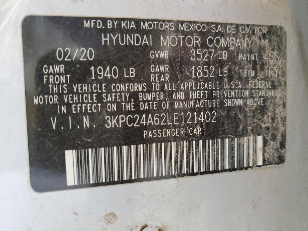 VIN 3KPC24A62LE121402 2020 HYUNDAI ACCENT no.12