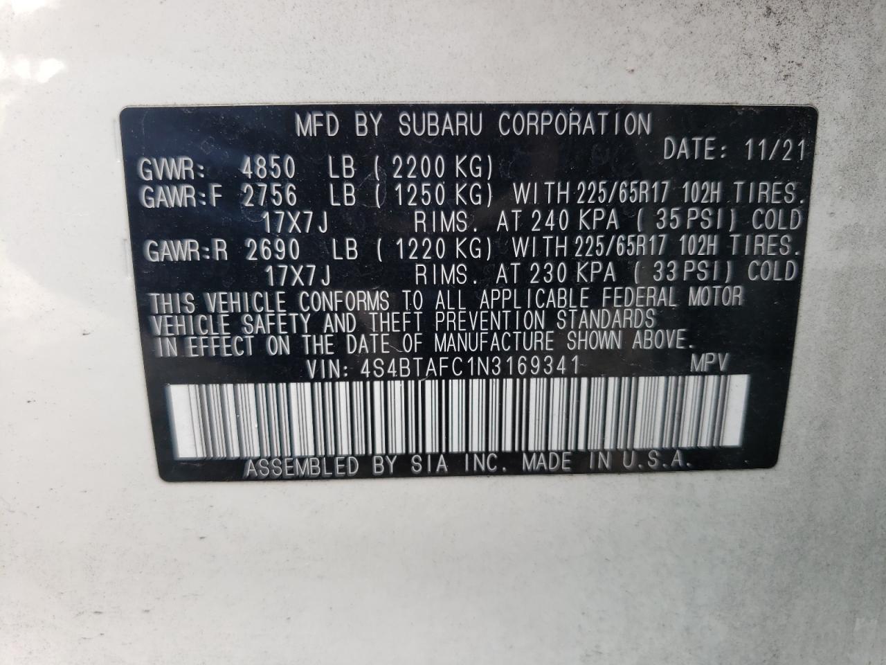 4S4BTAFC1N3169341 2022 Subaru Outback Premium