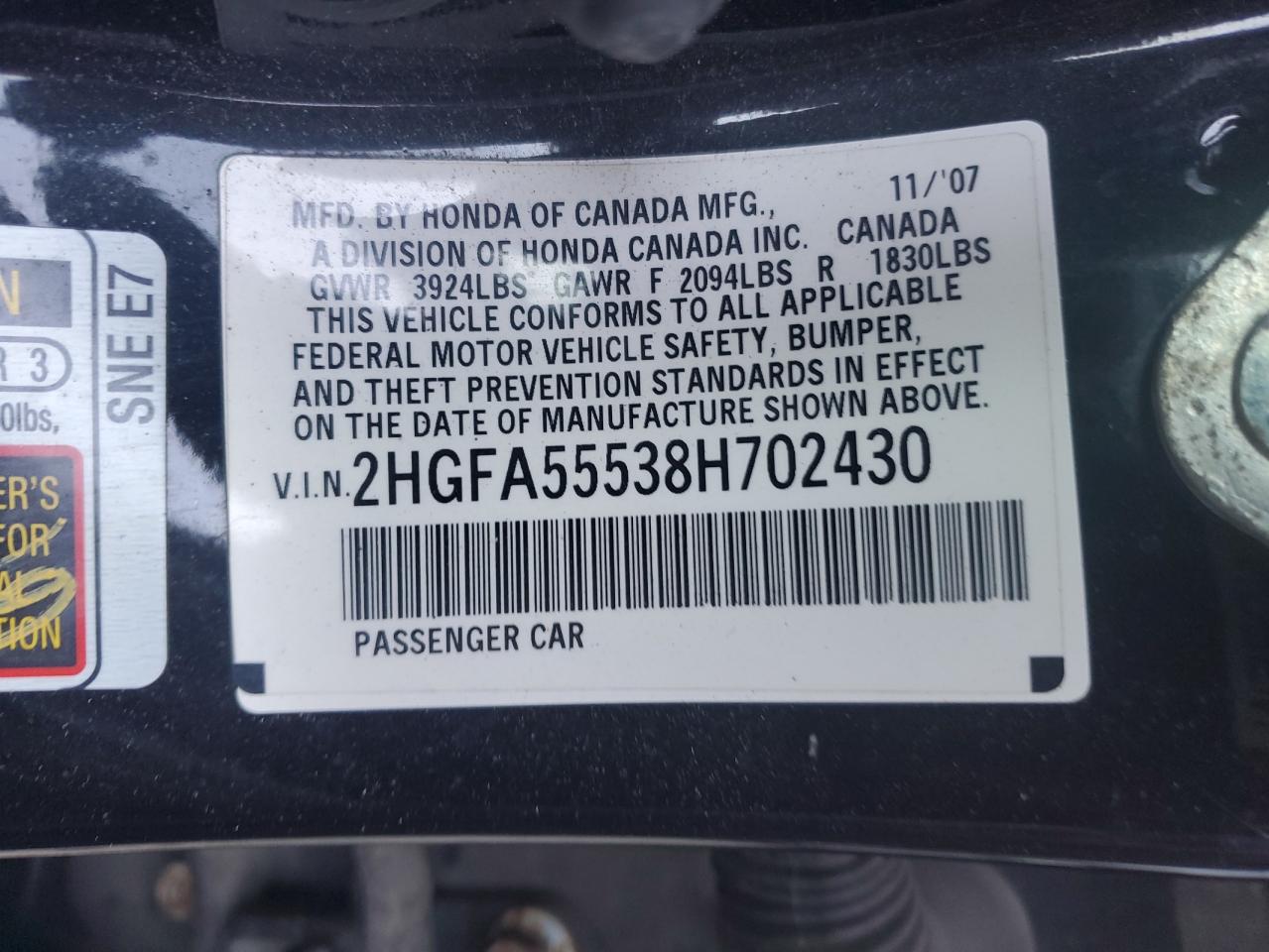 2HGFA55538H702430 2008 Honda Civic Si