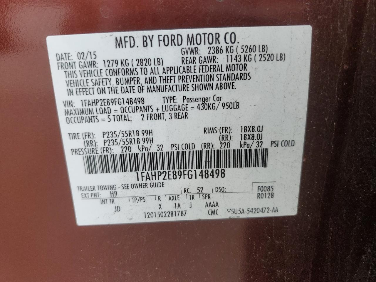 1FAHP2E89FG148498 2015 Ford Taurus Sel