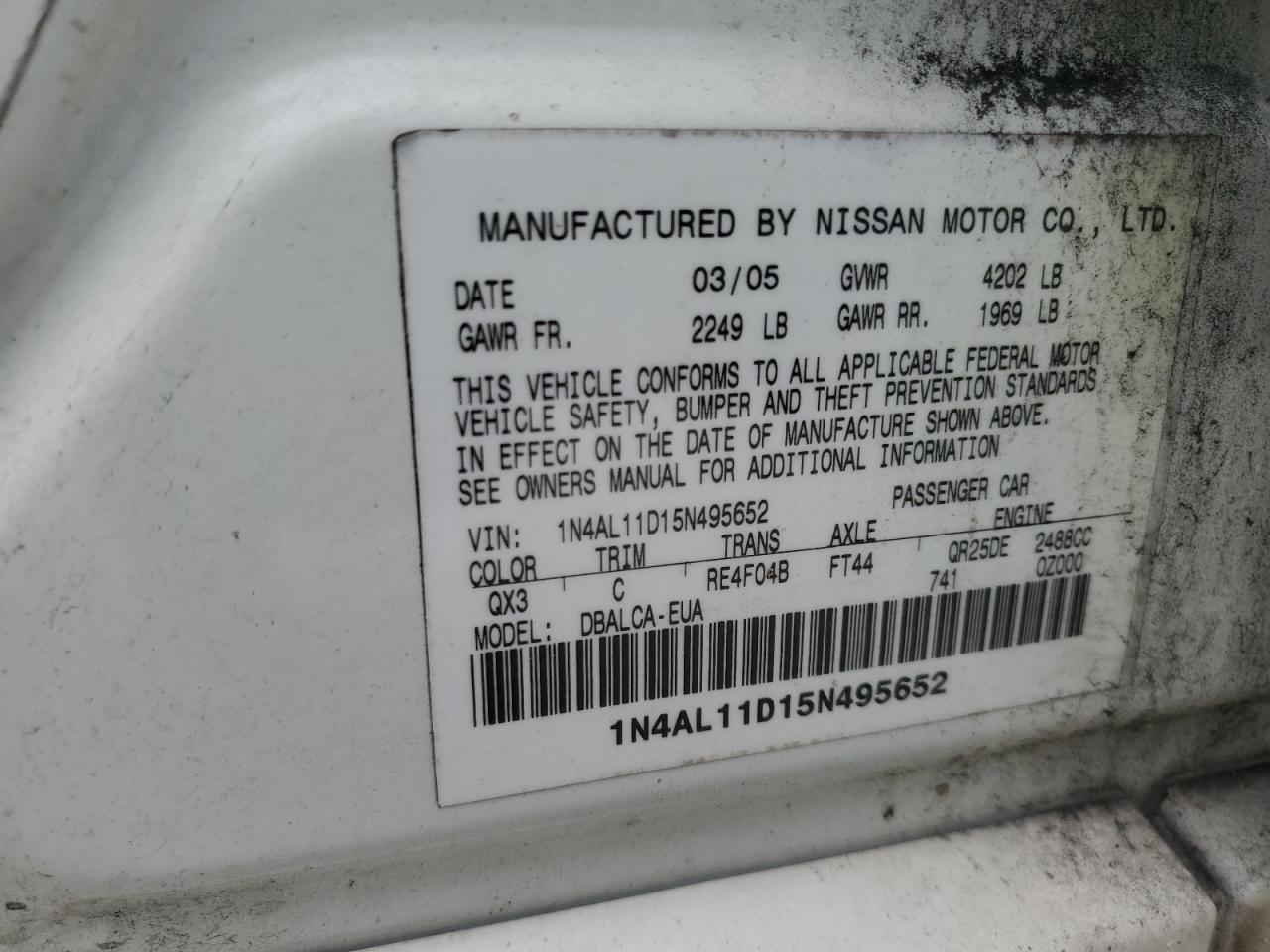 2005 Nissan Altima S VIN: 1N4AL11D15N495652 Lot: 73208914