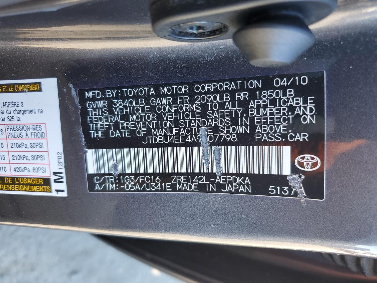 2010 Toyota Corolla Base VIN: JTDBU4EE4A9107798 Lot: 69464674