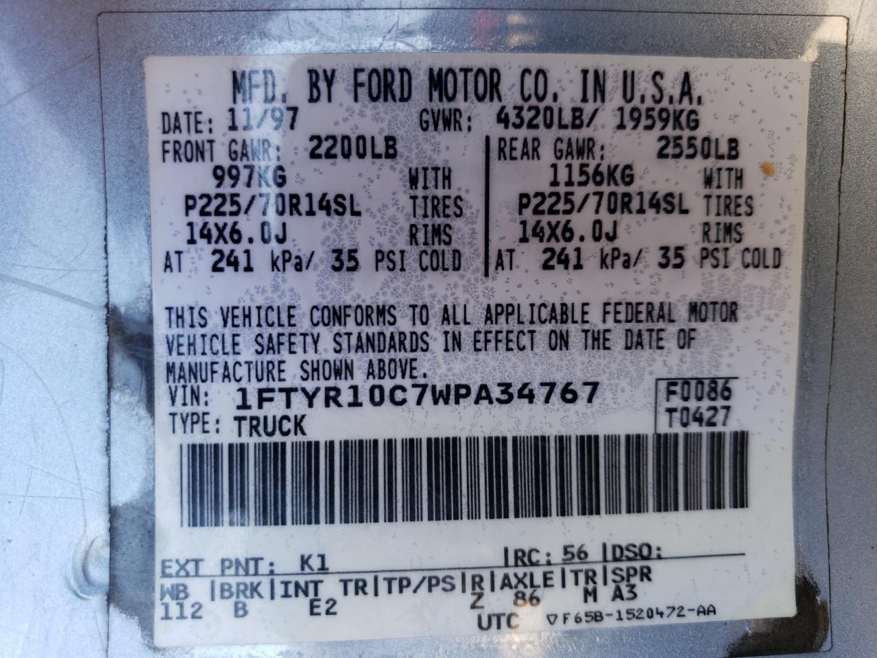 1FTYR10C7WPA34767 1998 Ford Ranger