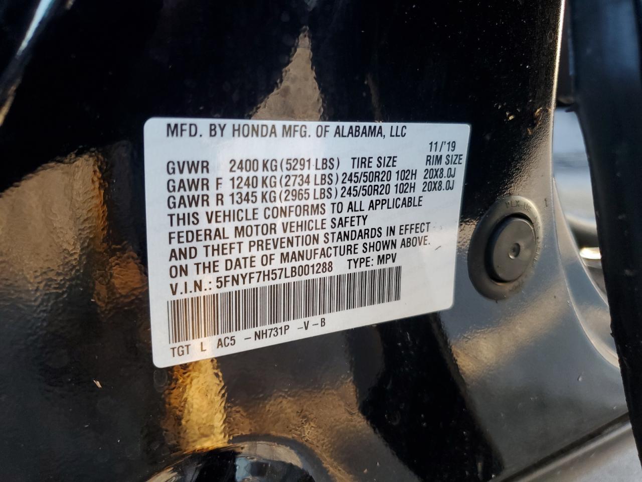 5FNYF7H57LB001288 2020 Honda Passport Exl