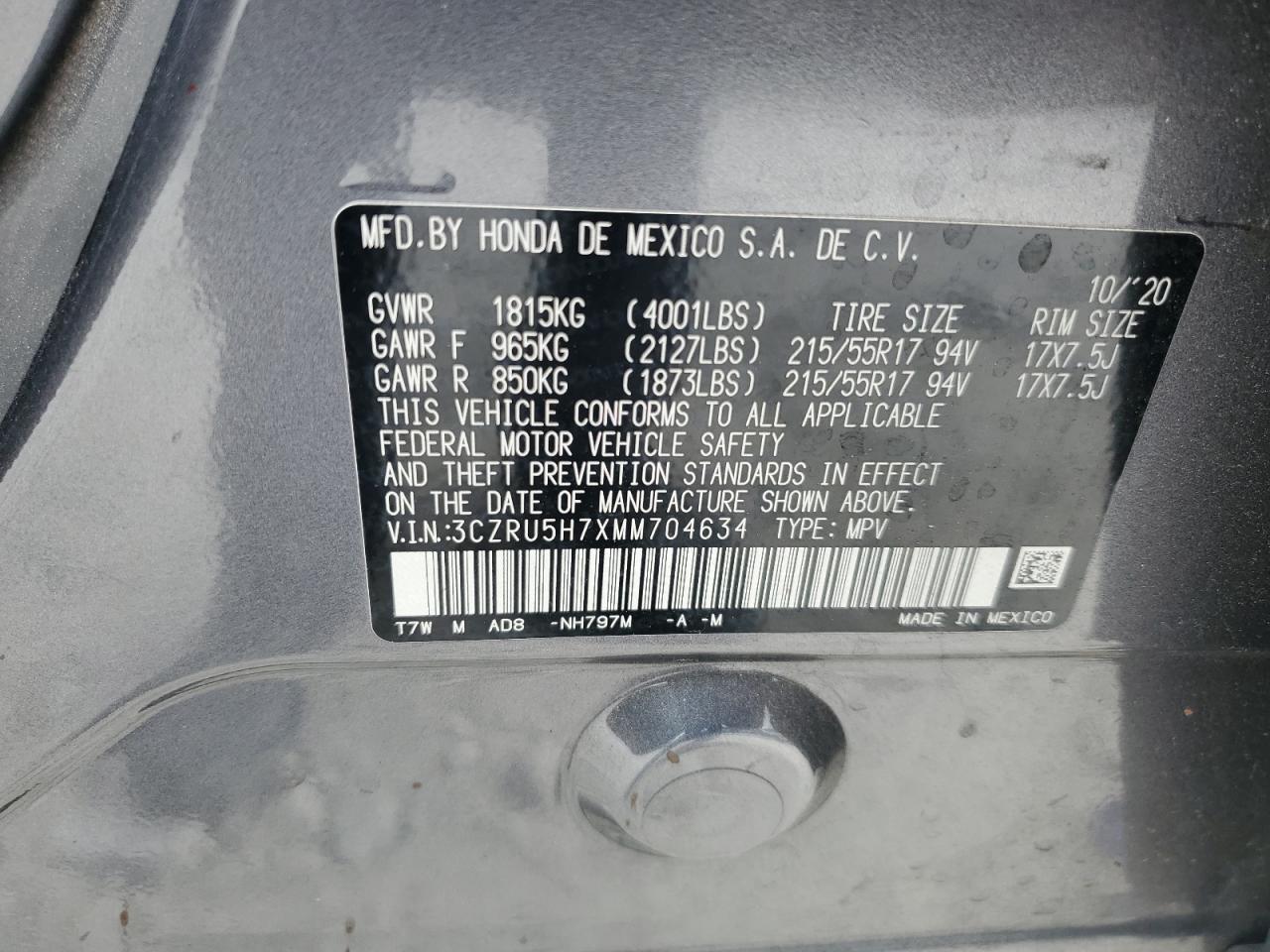 3CZRU5H7XMM704634 2021 Honda Hr-V Exl