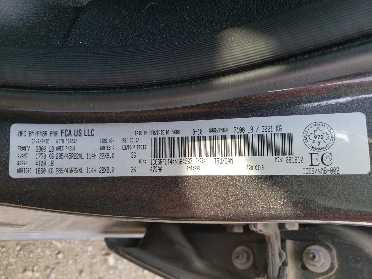 2019 Ram 1500 Rebel VIN: 1C6SRFLT4KN584567 Lot: 70500844