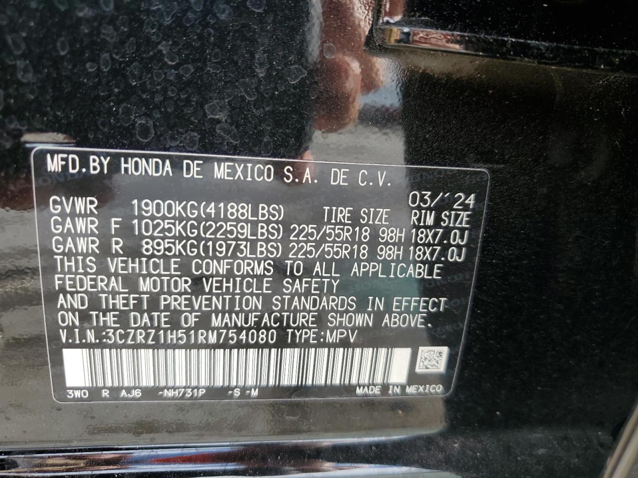 2024 Honda Hr-V Sport VIN: 3CZRZ1H51RM754080 Lot: 72944284