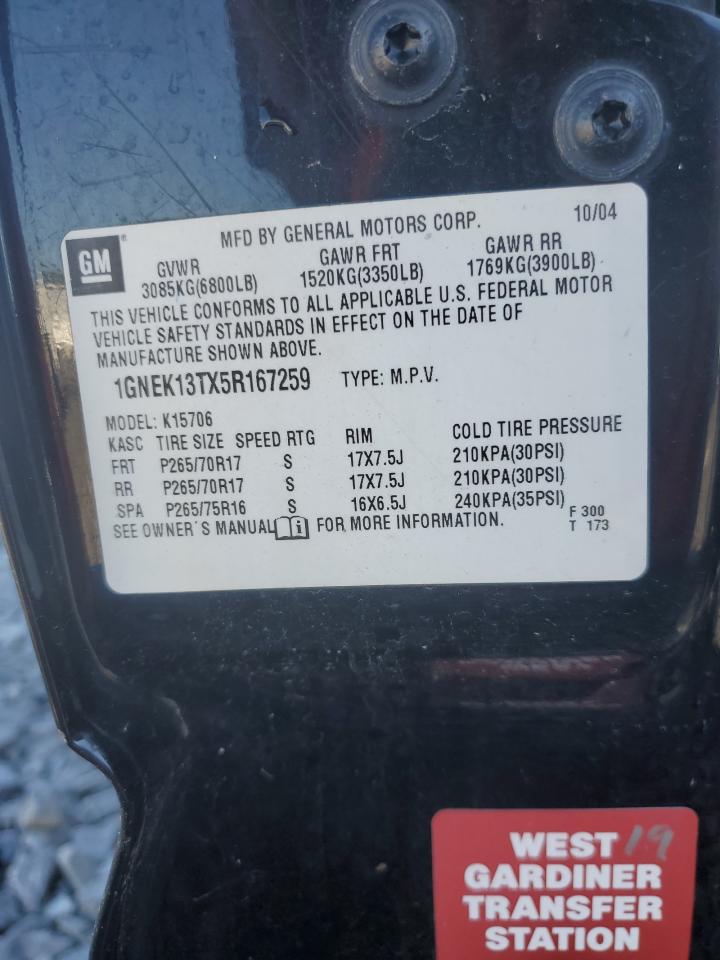 2005 Chevrolet Tahoe K1500 VIN: 1GNEK13TX5R167259 Lot: 90094035