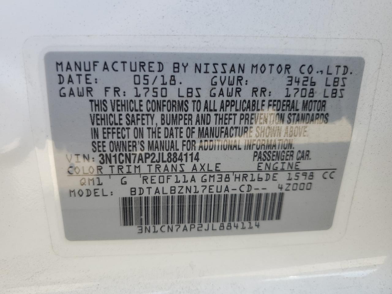 3N1CN7AP2JL884114 2018 Nissan Versa S