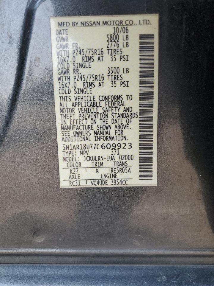 2007 Nissan Pathfinder Le VIN: 5N1AR18U77C609923 Lot: 71582954