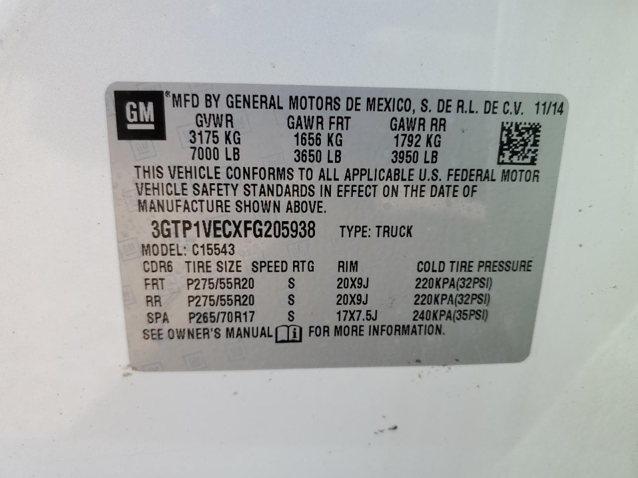 3GTP1VECXFG205938 2015 GMC Sierra C1500 Slt