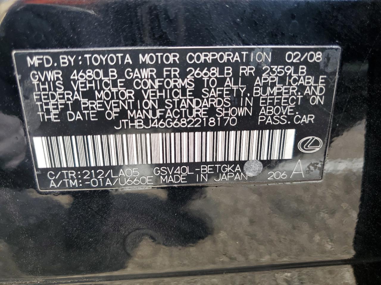 JTHBJ46G682218170 2008 Lexus Es 350