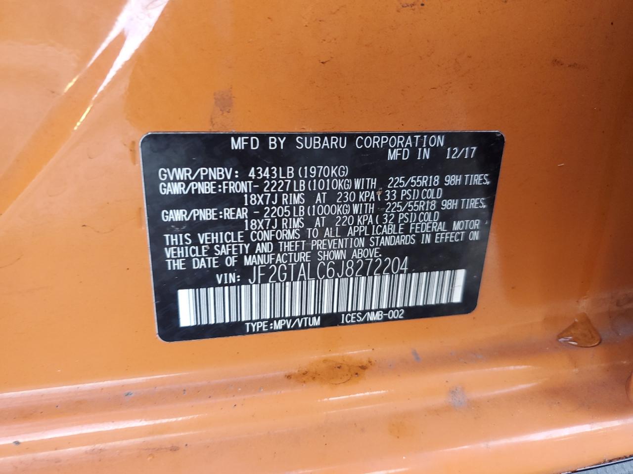 JF2GTALC6J8272204 2018 Subaru Crosstrek Limited