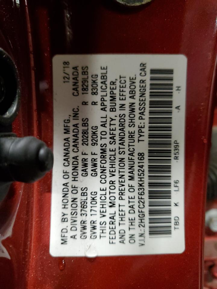 2HGFC2F63KH524168 2019 Honda Civic Lx