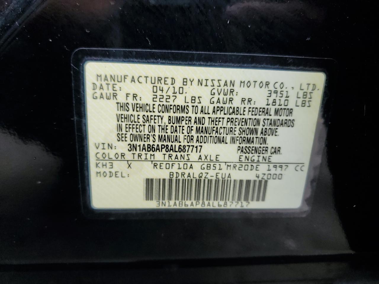 2010 Nissan Sentra 2.0 VIN: 3N1AB6AP8AL687717 Lot: 71298964