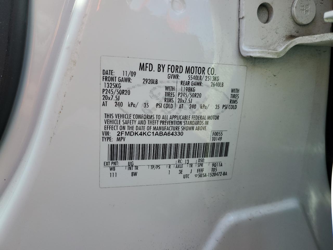 2010 Ford Edge Limited VIN: 2FMDK4KC1ABA64330 Lot: 73364734