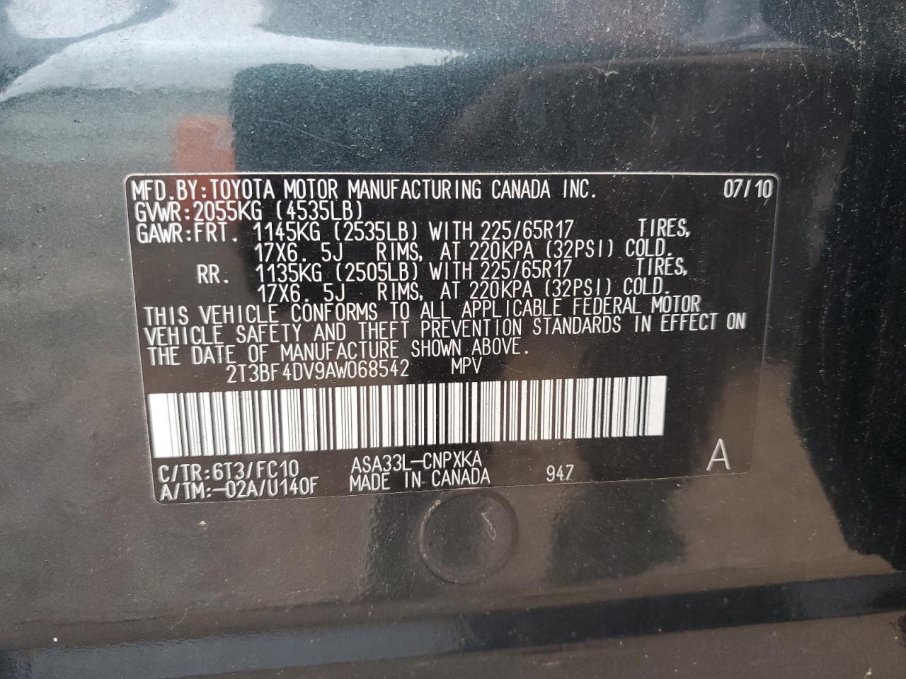 2010 Toyota Rav4 VIN: 2T3BF4DV9AW068542 Lot: 72894174