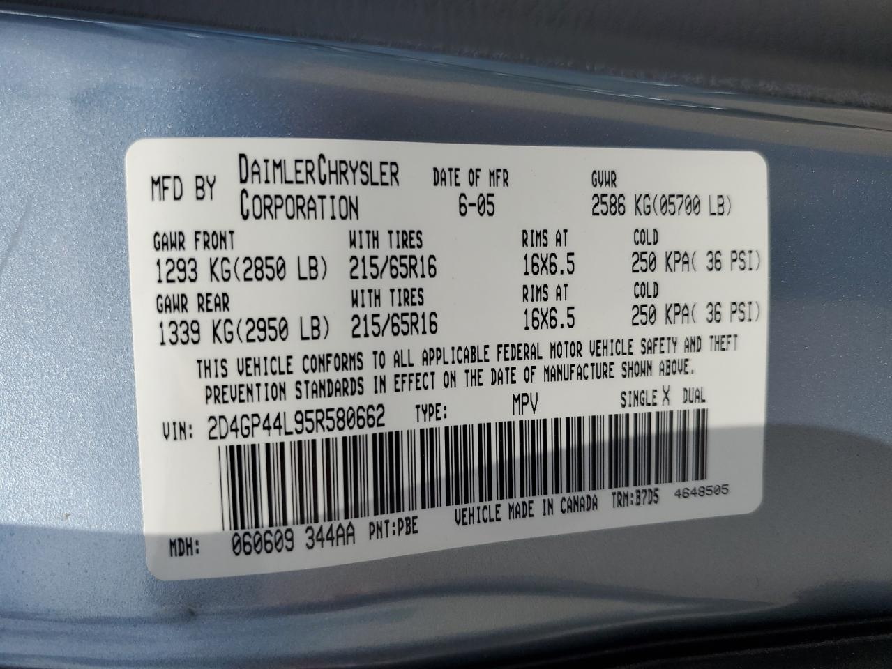 2005 Dodge Grand Caravan Sxt VIN: 2D4GP44L95R580662 Lot: 72443014