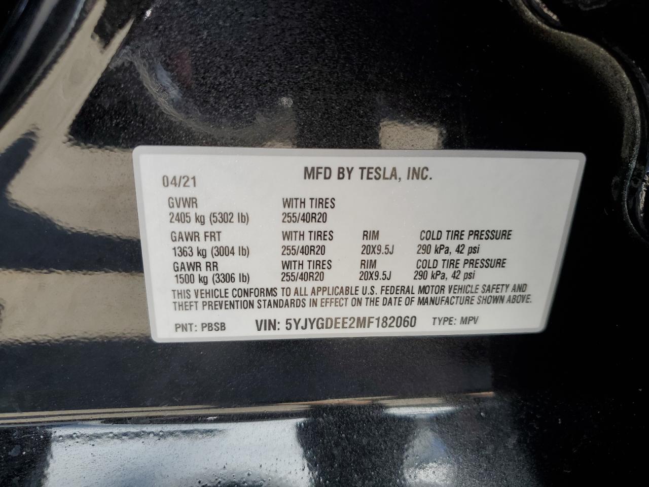 2021 Tesla Model Y VIN: 5YJYGDEE2MF182060 Lot: 71448454