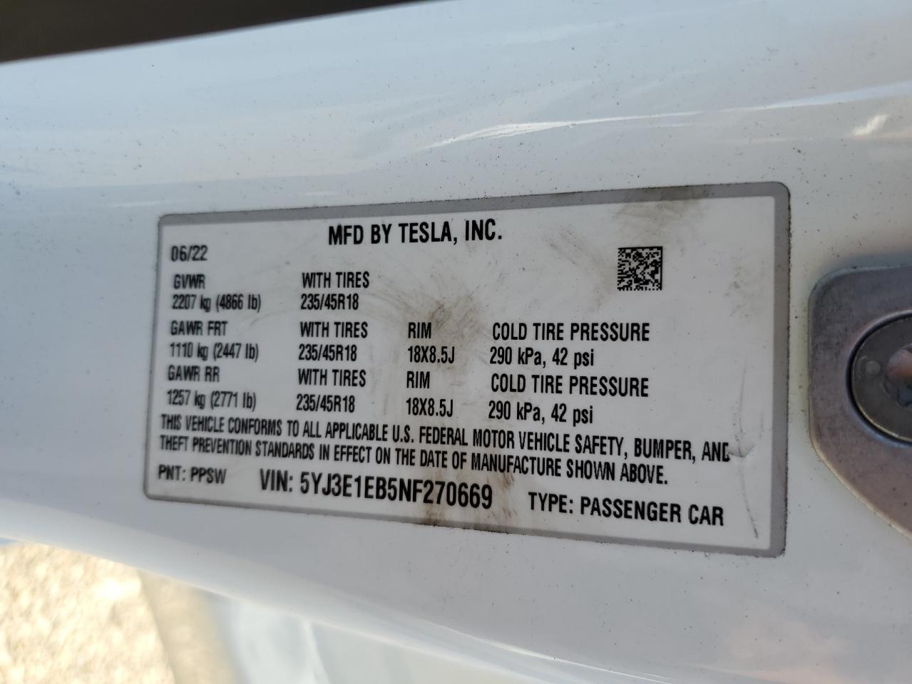 5YJ3E1EB5NF270669 2022 Tesla Model 3