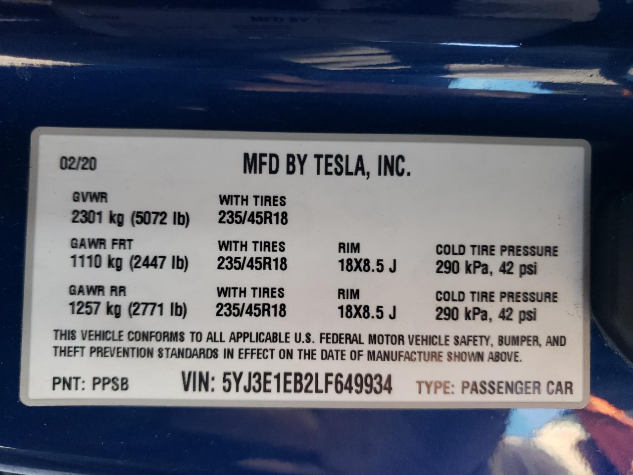 5YJ3E1EB2LF649934 2020 TESLA MODEL 3 - Image 14