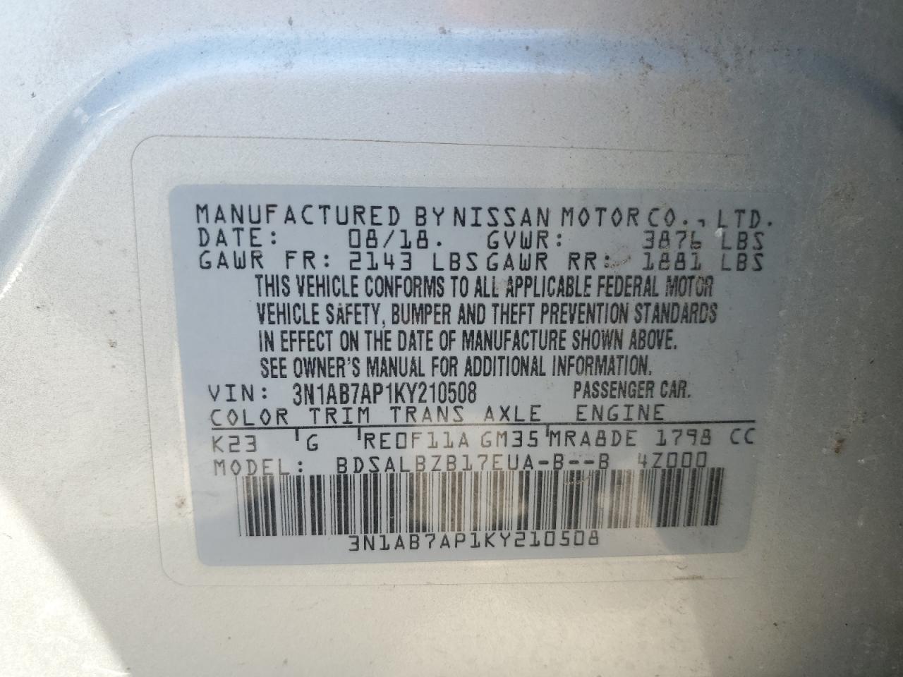 3N1AB7AP1KY210508 2019 Nissan Sentra S