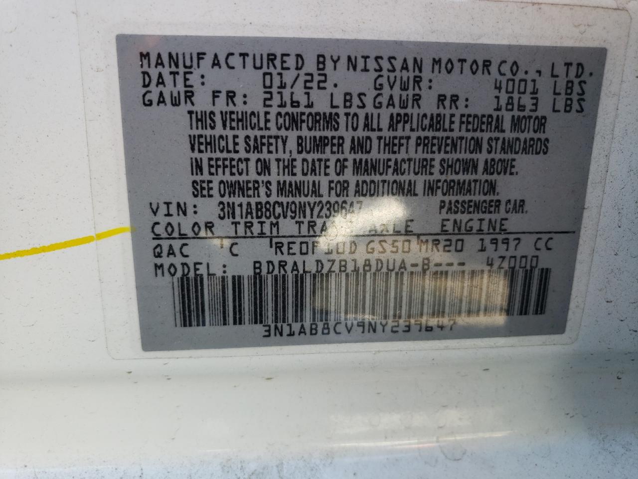 3N1AB8CV9NY239647 2022 Nissan Sentra Sv