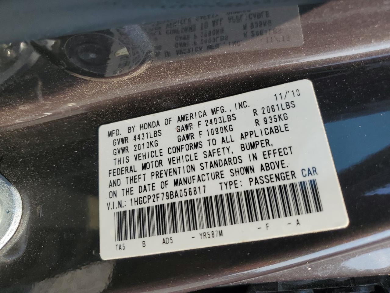 1HGCP2F79BA056817 2011 Honda Accord Ex