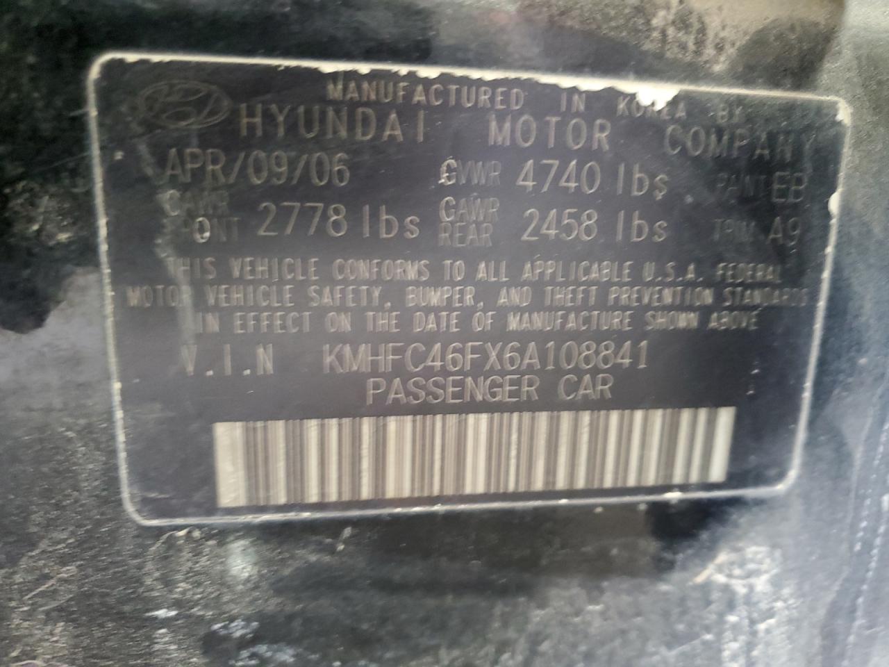 2006 Hyundai Azera Se VIN: KMHFC46FX6A108841 Lot: 69894764